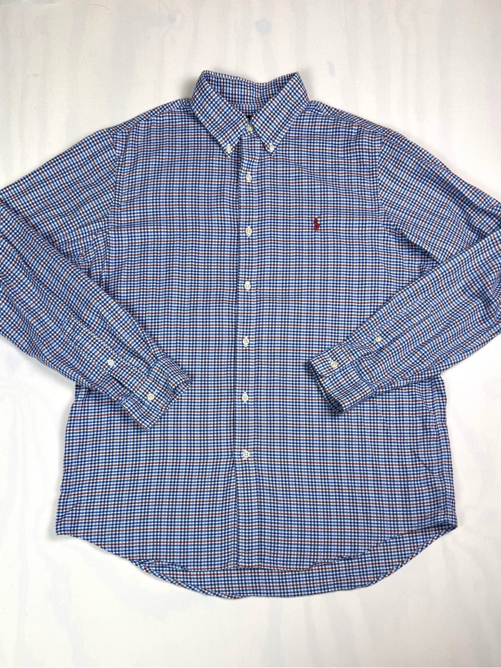 Ralph Lauren Men’s Large Blue Red Plaid Check Cotton Button Down Shirt Pony